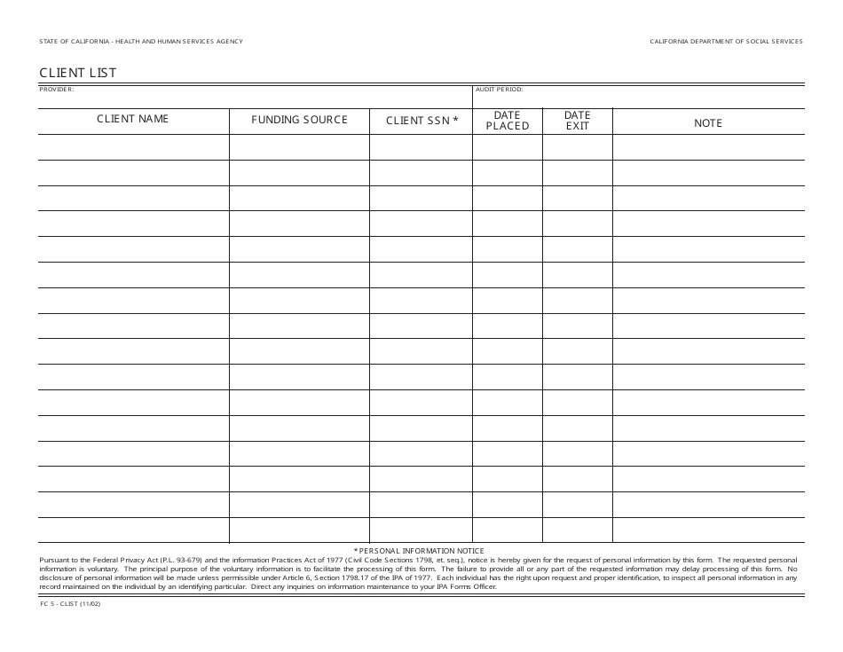 Form FC5-CLIST - Fill Out, Sign Online and Download Fillable PDF ...