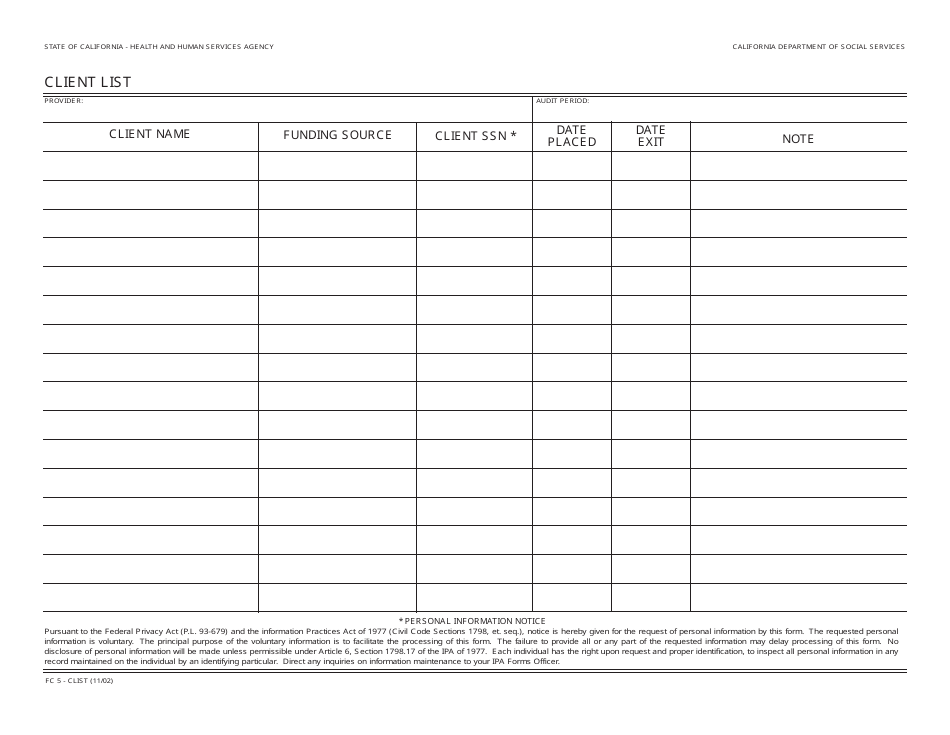 Form FC5-CLIST Client List - California, Page 1