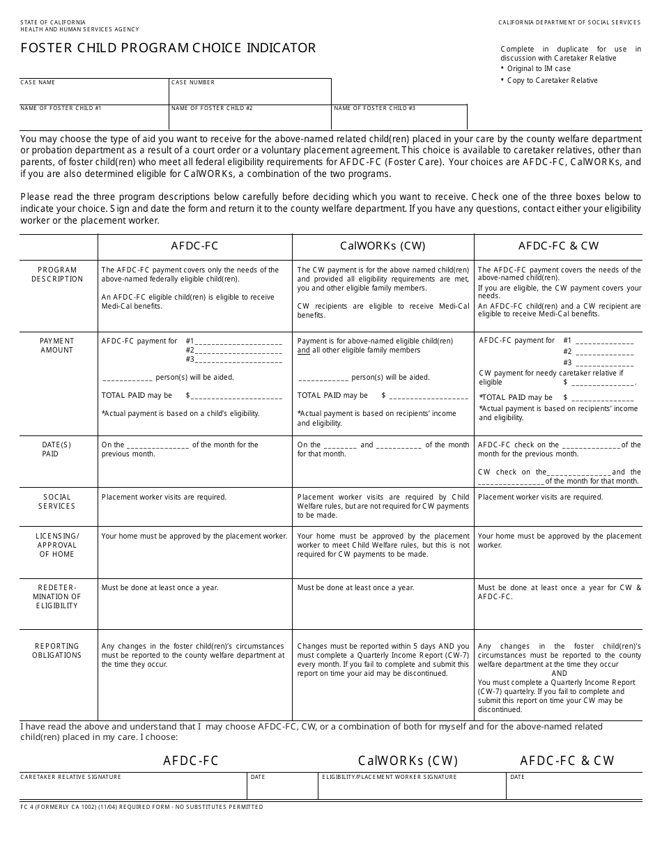 Form FC4 Foster Child Program Choice Indicator - California, Page 1