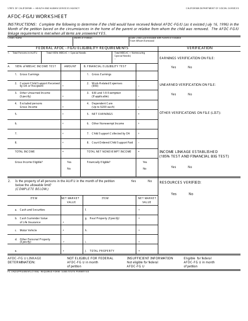 Form FC3 Supplement A AFDC-Fg/U Worksheet - California