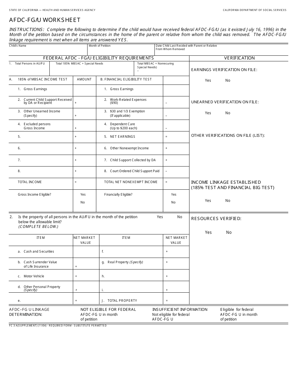Form FC3 Supplement A AFDC-Fg / U Worksheet - California, Page 1