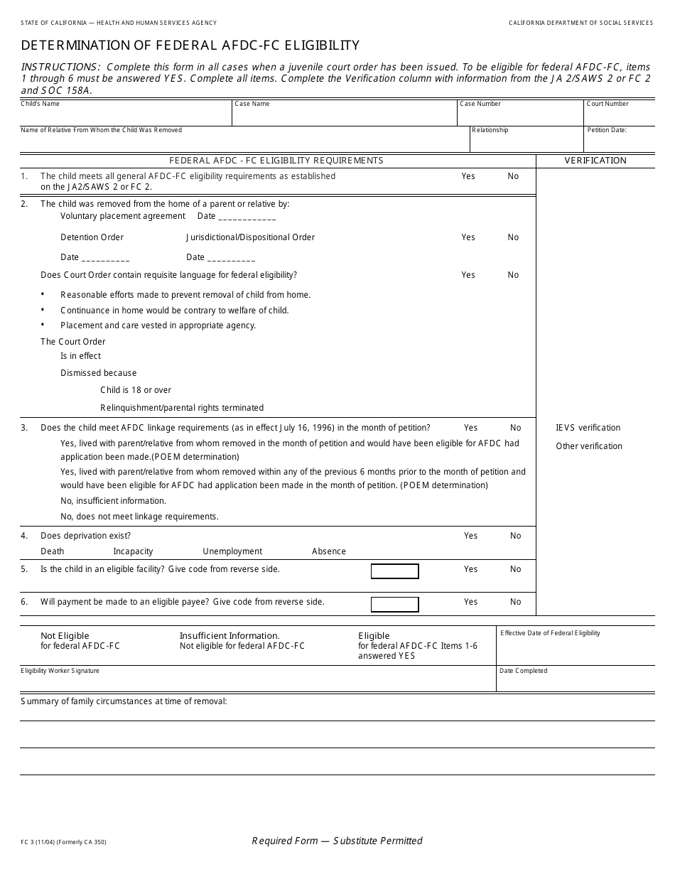Form FC3 Determination of Federal AFDC-FC Eligibility - California, Page 1