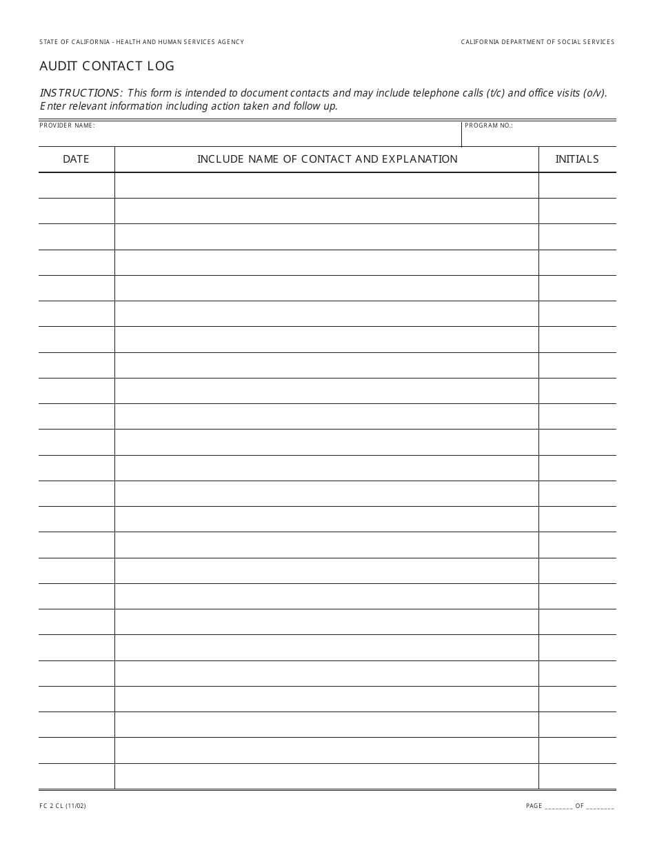 Form FC2 CL Audit Contact Log - California, Page 1