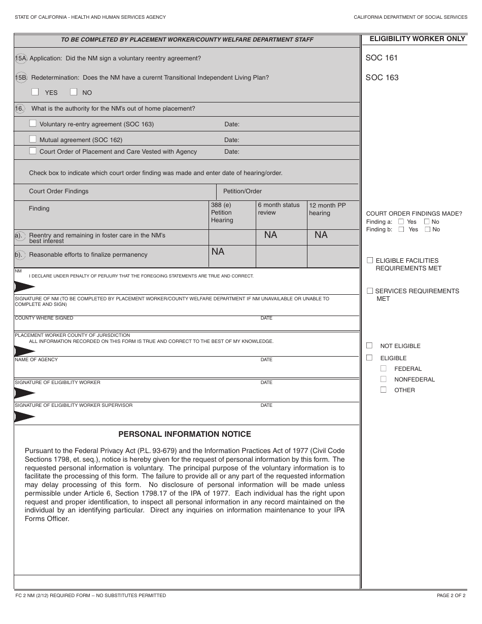 Form FC2 NM Statement of Facts Supporting Eligibility for AFDC-Extended Foster Care (Efc) - California, Page 2