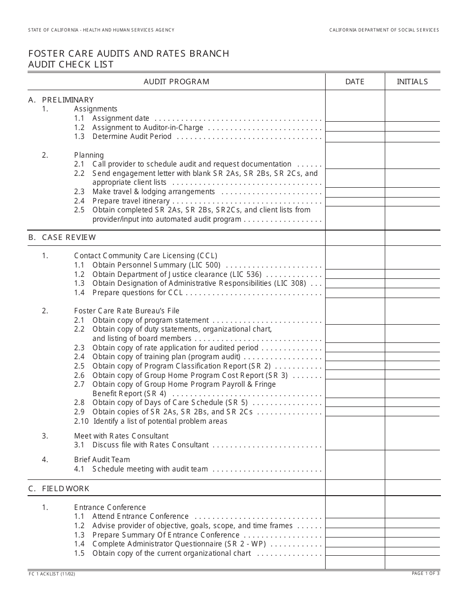Form FC1 ACKLIST Foster Care Audits and Rates Branch Audit Check List - California, Page 1