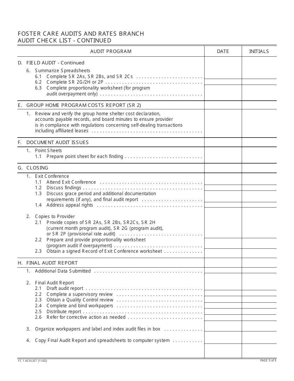 Form FC1 ACKLIST Foster Care Audits and Rates Branch Audit Check List - California, Page 3