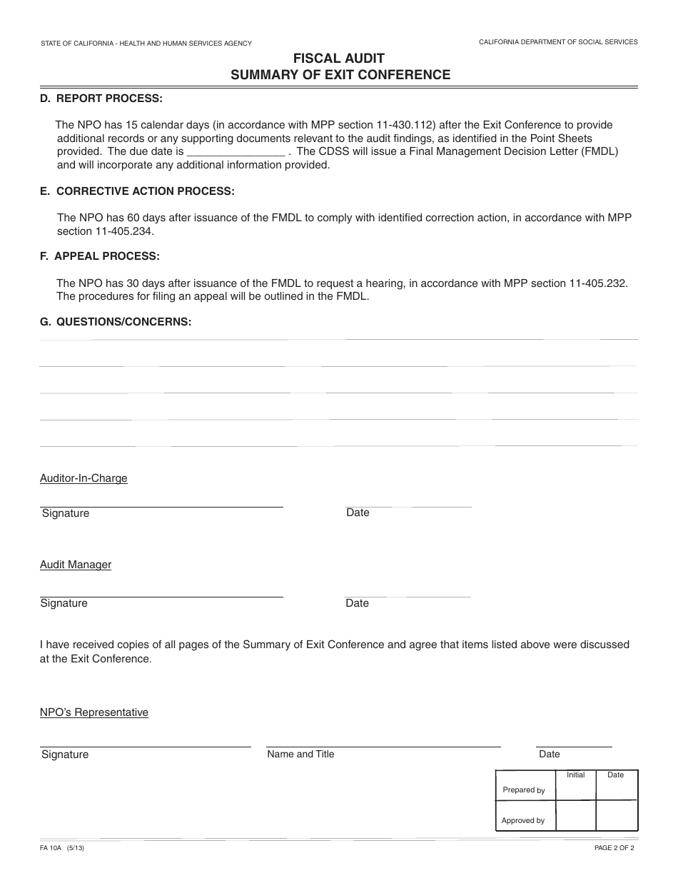 Form FA10A Fiscal Audit Summary of Exit Conference - California, Page 2