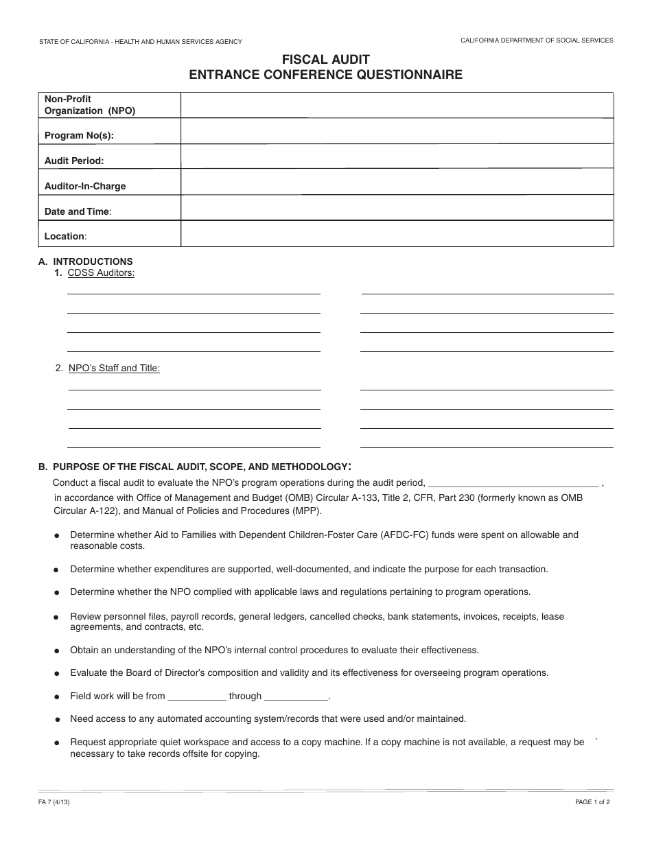 Form FA7 Fiscal Audit Entrance Conference Questionnaire - California, Page 1