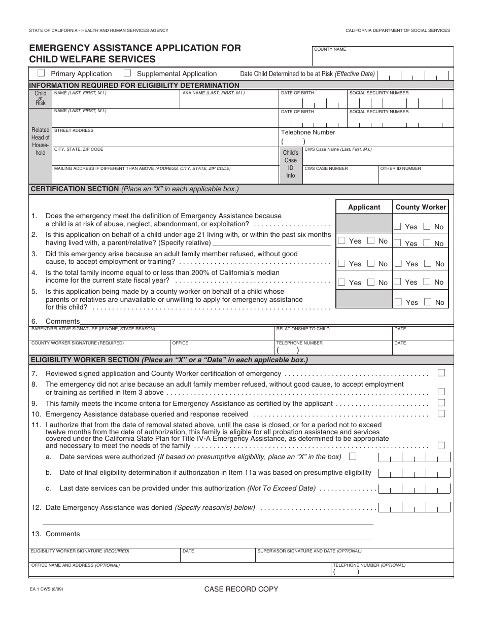 Form EA1 CWS Emergency Assistance Application for Child Welfare Services - California, Page 1