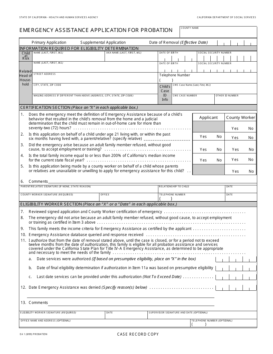Form EA1 Emergency Assistance Application for Probation - California, Page 1