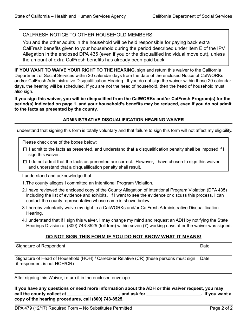 Form DPA479 Administrative Disqualification Hearing Waiver - Calworks / Calfresh - California, Page 2