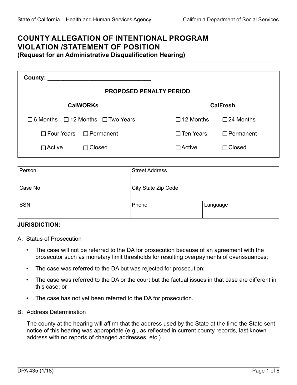 Form DPA435 County Allegation of Intentional Program Violation / Statement of Position (Request for an Administrative Disqualification Hearing) - California, Page 1