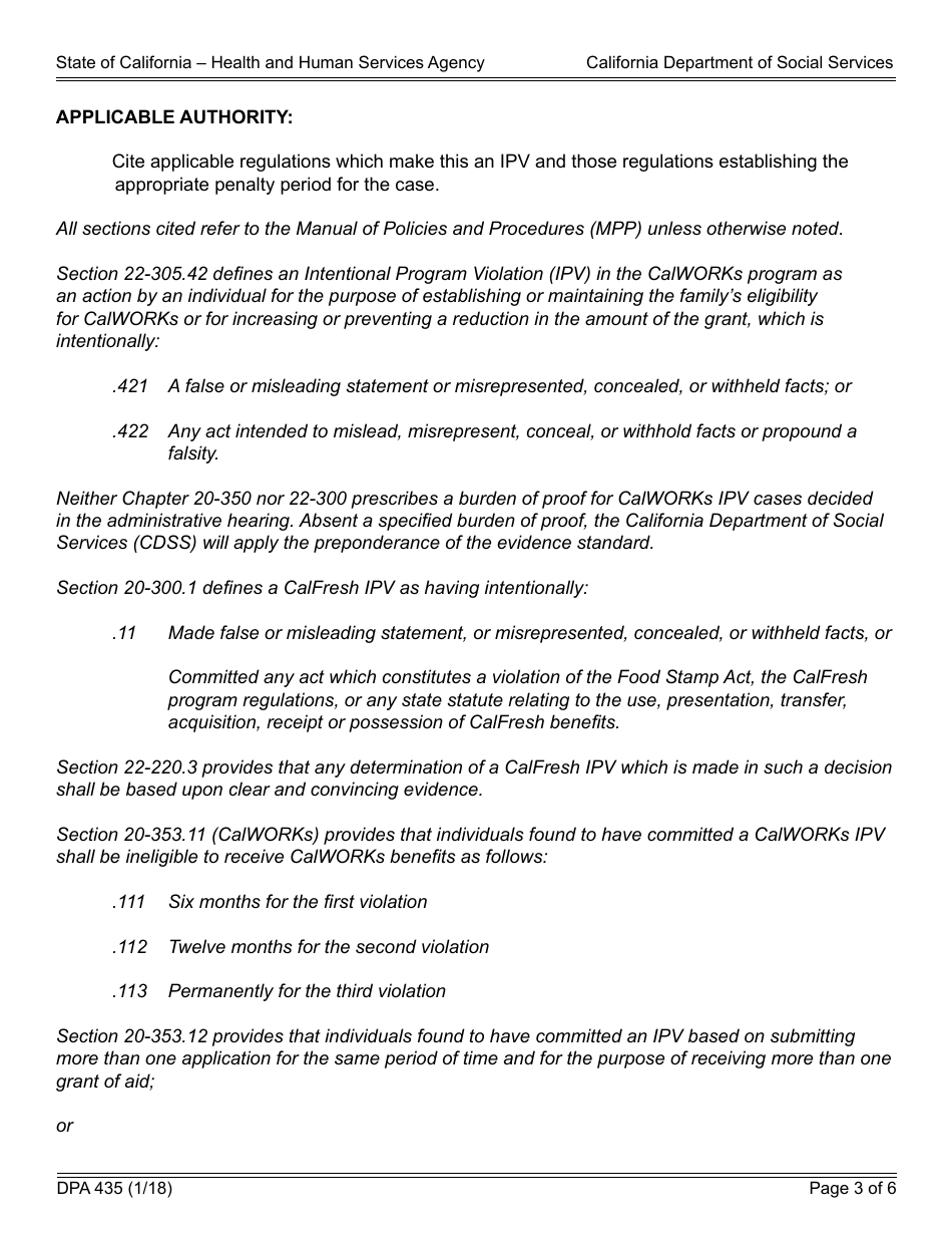Form DPA435 County Allegation of Intentional Program Violation / Statement of Position (Request for an Administrative Disqualification Hearing) - California, Page 3