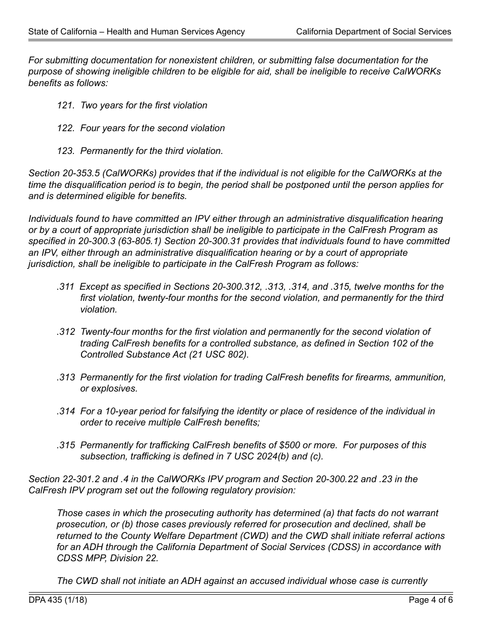 Form DPA435 County Allegation of Intentional Program Violation / Statement of Position (Request for an Administrative Disqualification Hearing) - California, Page 4