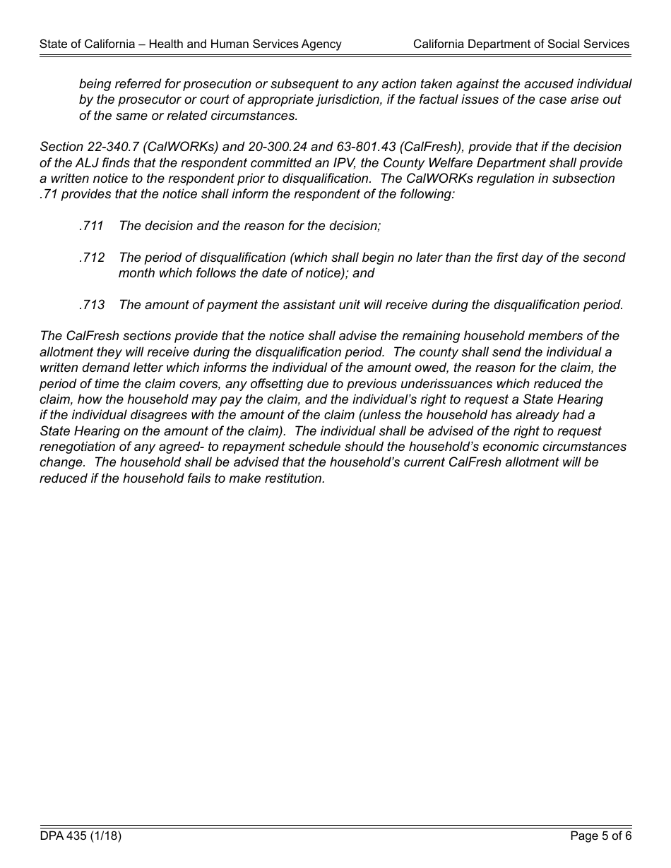 Form DPA435 County Allegation of Intentional Program Violation / Statement of Position (Request for an Administrative Disqualification Hearing) - California, Page 5