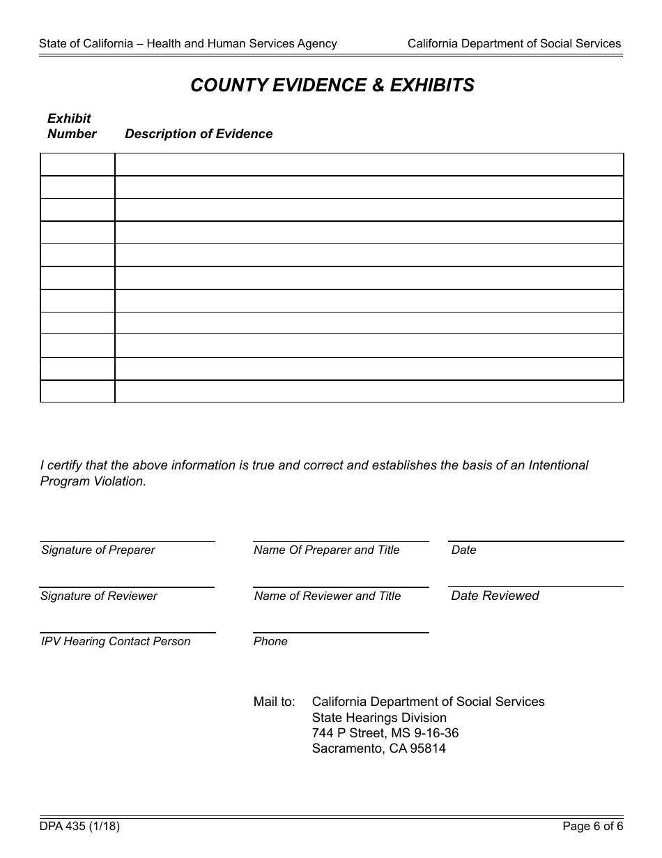 Form DPA435 County Allegation of Intentional Program Violation / Statement of Position (Request for an Administrative Disqualification Hearing) - California, Page 6