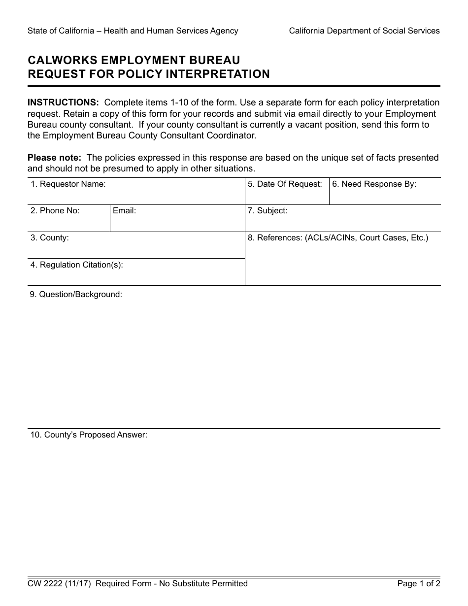 Form CW2222 Calworks Employment Bureau Request for Policy Interpretation - California, Page 1