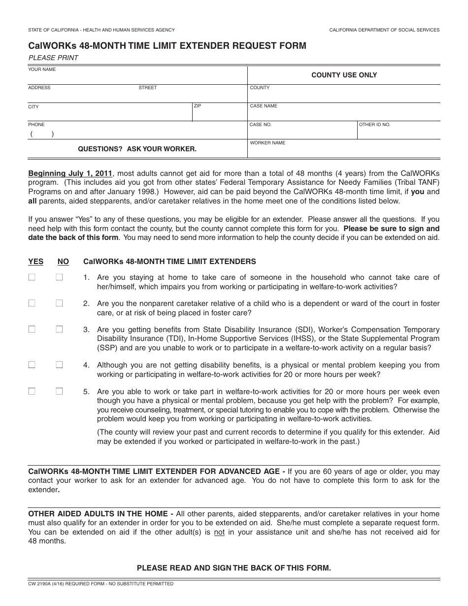Form CW2190A Calworks 48-month Time Limit Extender Request Form - California, Page 1