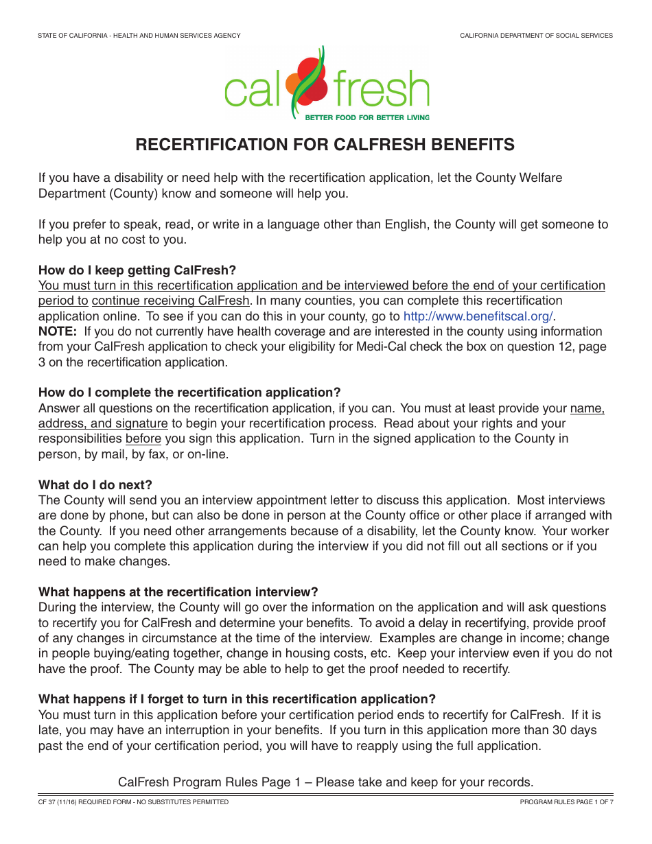 Form CF37 Recertification for CalFresh Benefits - California, Page 1