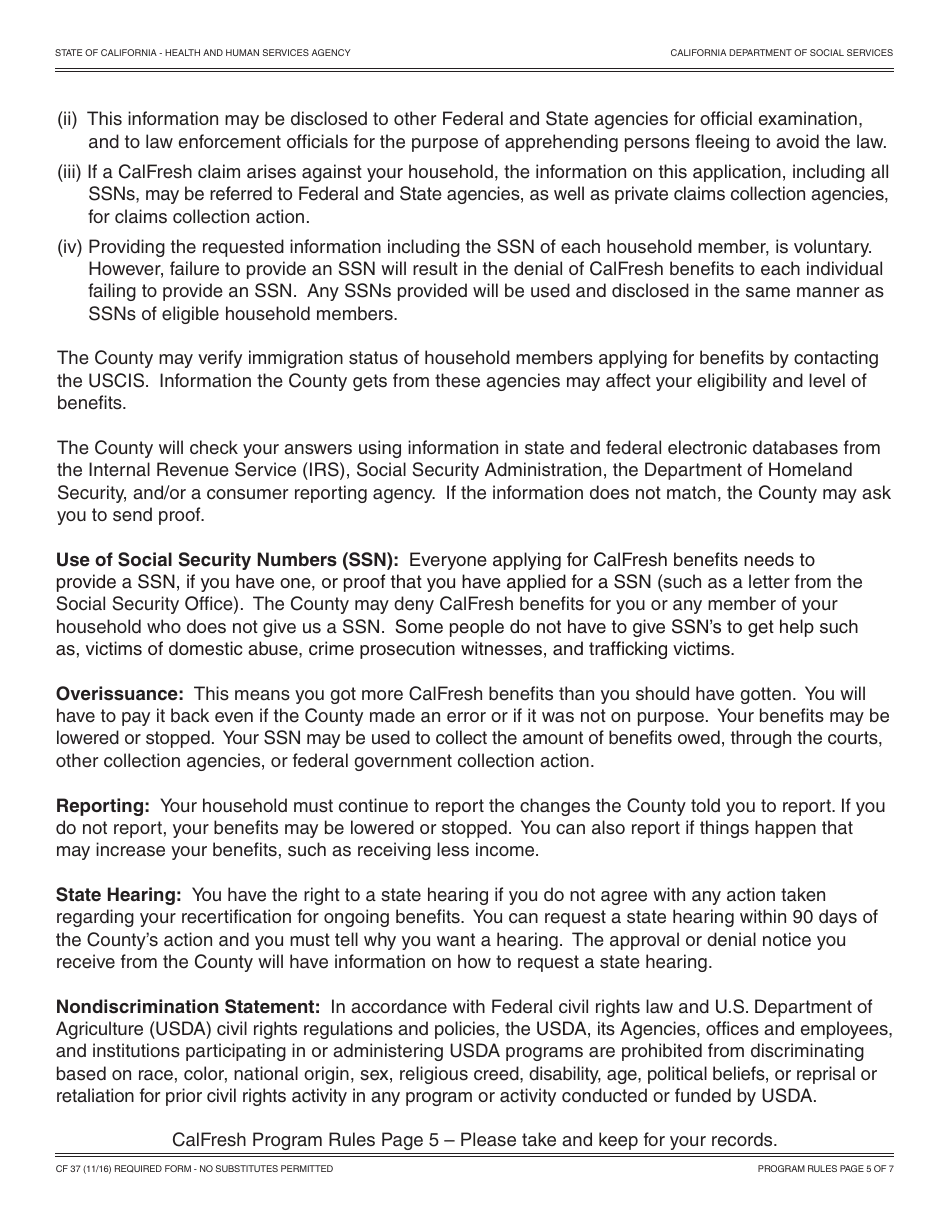 Form CF37 Recertification for CalFresh Benefits - California, Page 5