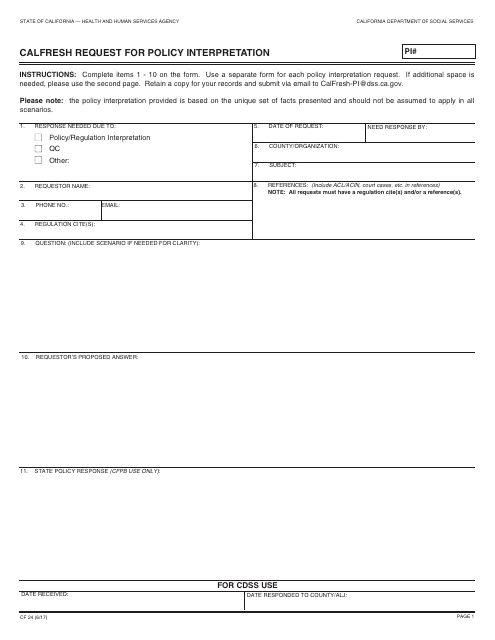 Form CF24 CalFresh Program Request for Policy/Regulation Interpretation - California