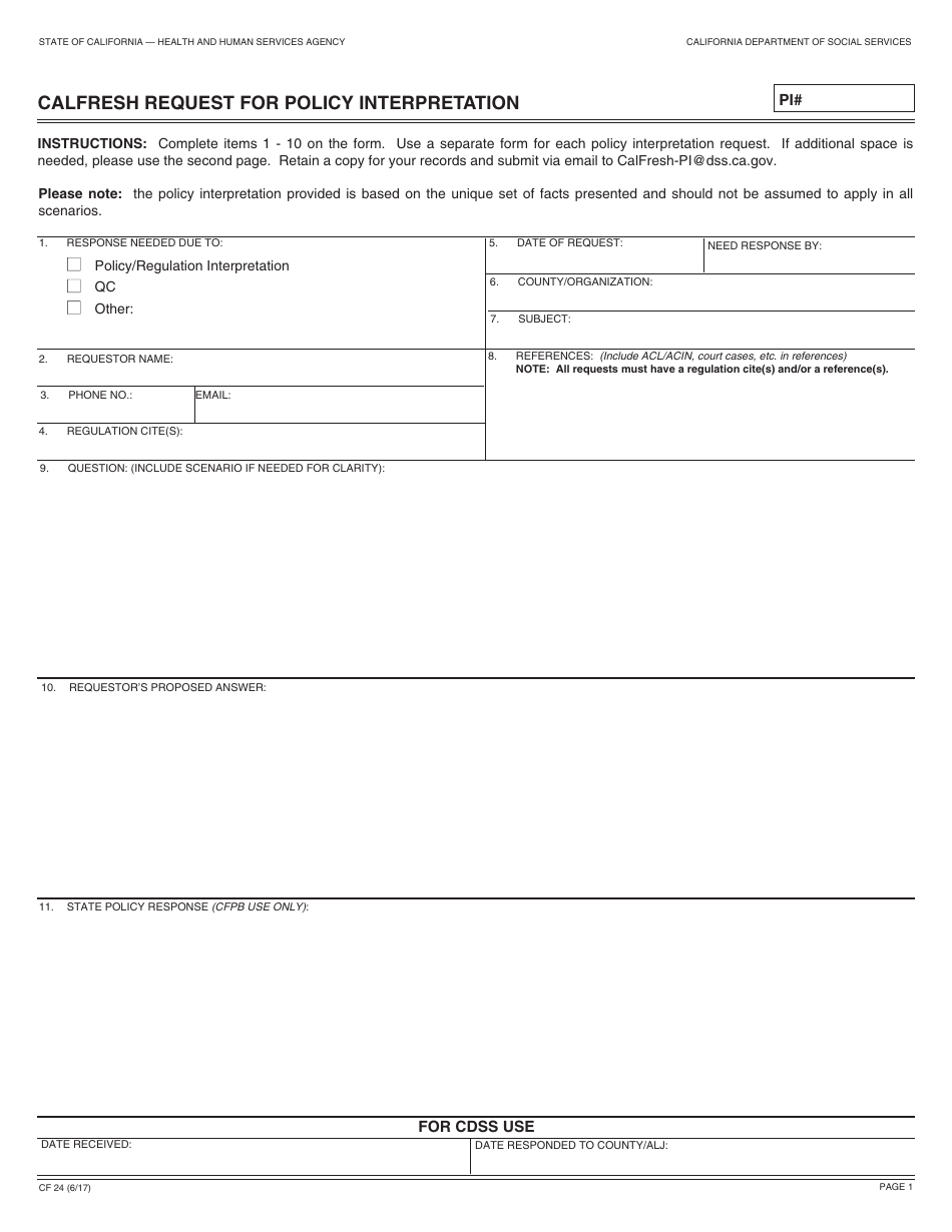 Form CF24 CalFresh Program Request for Policy / Regulation Interpretation - California, Page 1