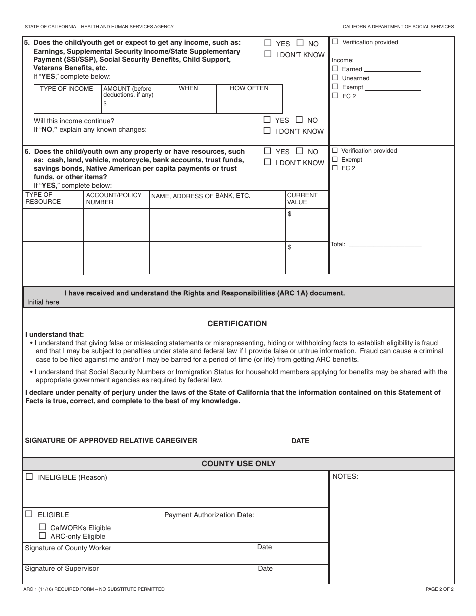 Form ARC1 Statement of Facts Supporting Eligibility for the Approved Relative Caregiver (ARC) Funding Option Program - California, Page 2