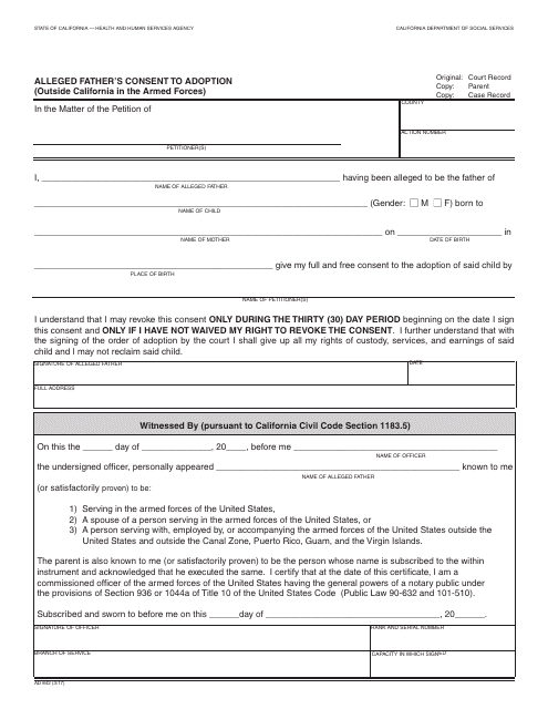 Form AD842 Alleged Father's Consent to Adoption (Outside California in the Armed Forces) - California