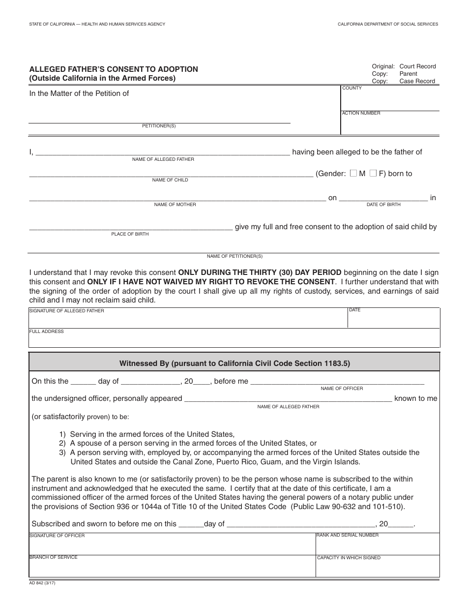 Form AD842 Alleged Fathers Consent to Adoption (Outside California in the Armed Forces) - California, Page 1
