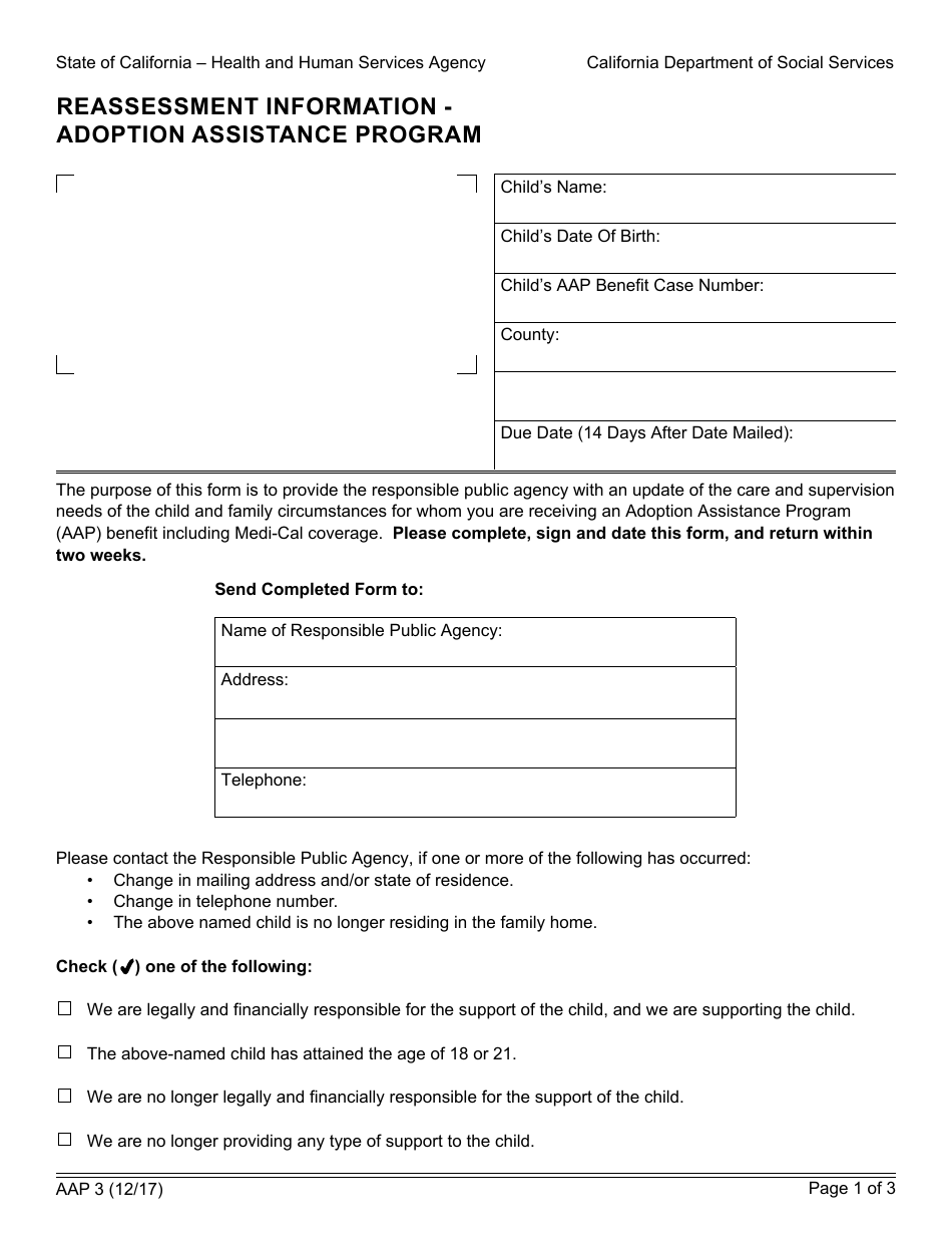 Form AAP3 Reassessment Information - Adoption Assistance Program - California, Page 1