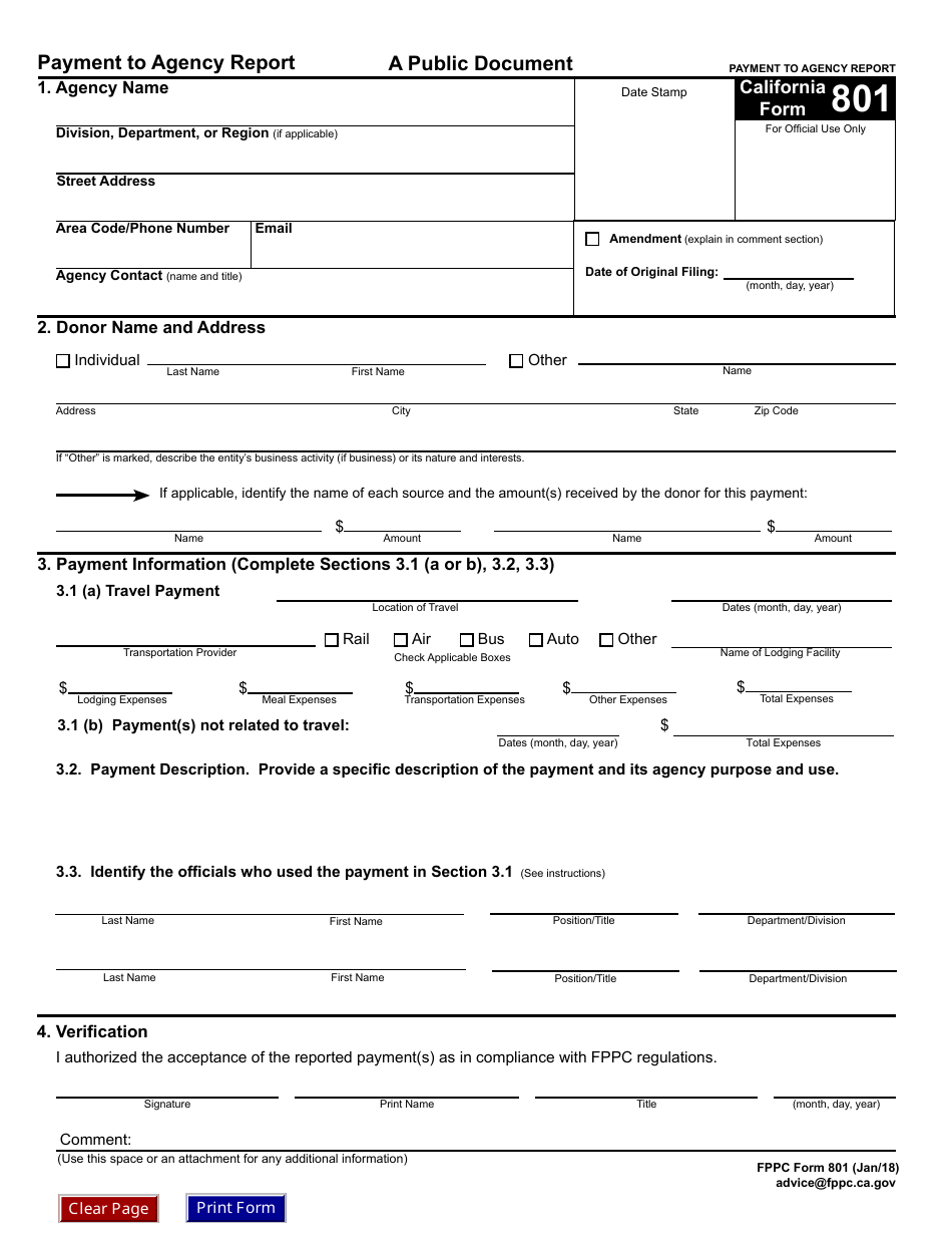 FPPC Form 801 Payment to Agency Report - California, Page 1