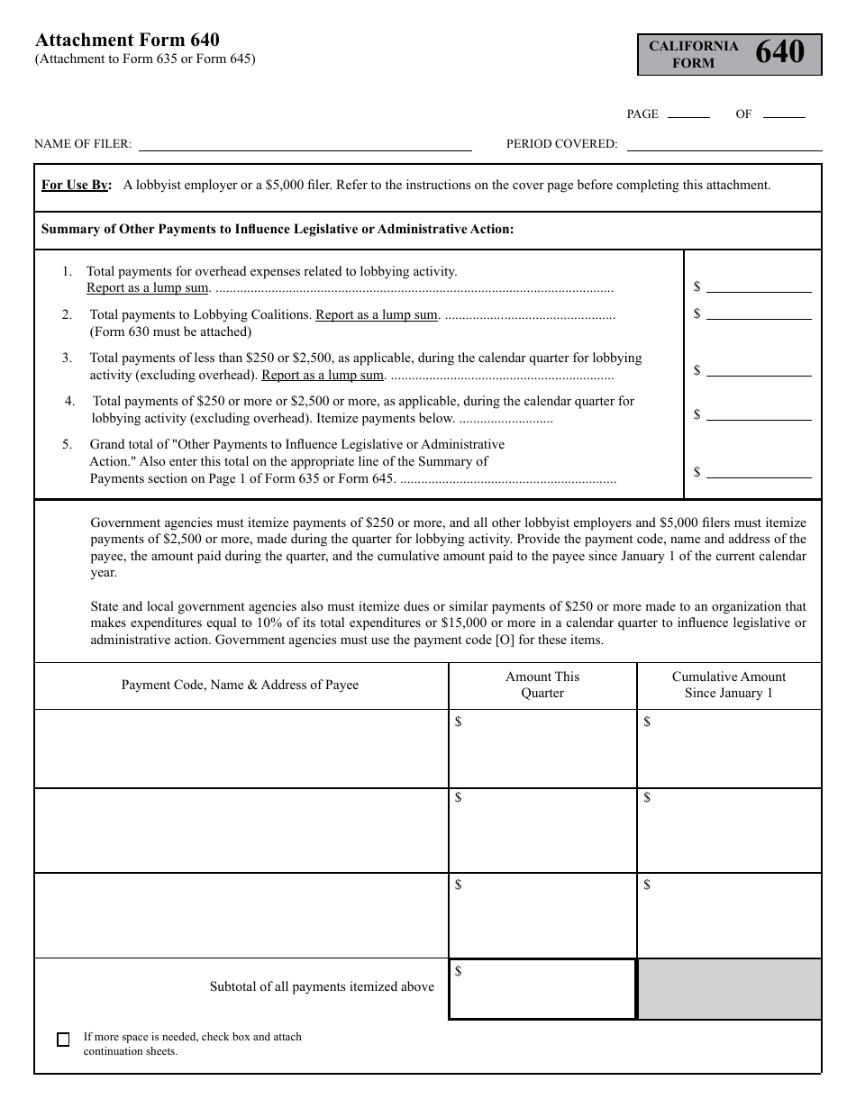 FPPC Form 635 (645) Attachment 640 Other Payments to Influence Legislative or Administrative Action - California, Page 2