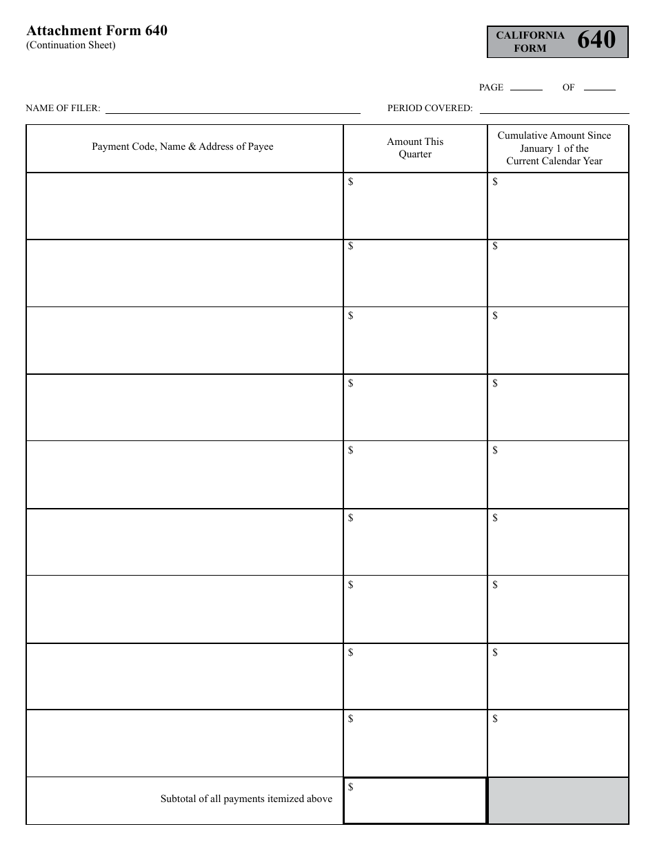 FPPC Form 635 (645) Attachment 640 Other Payments to Influence Legislative or Administrative Action - California, Page 3