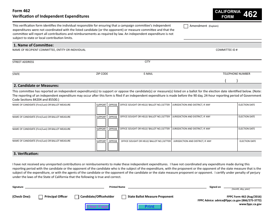 FPPC Form 462 Verification of Independent Expenditures - California, Page 1