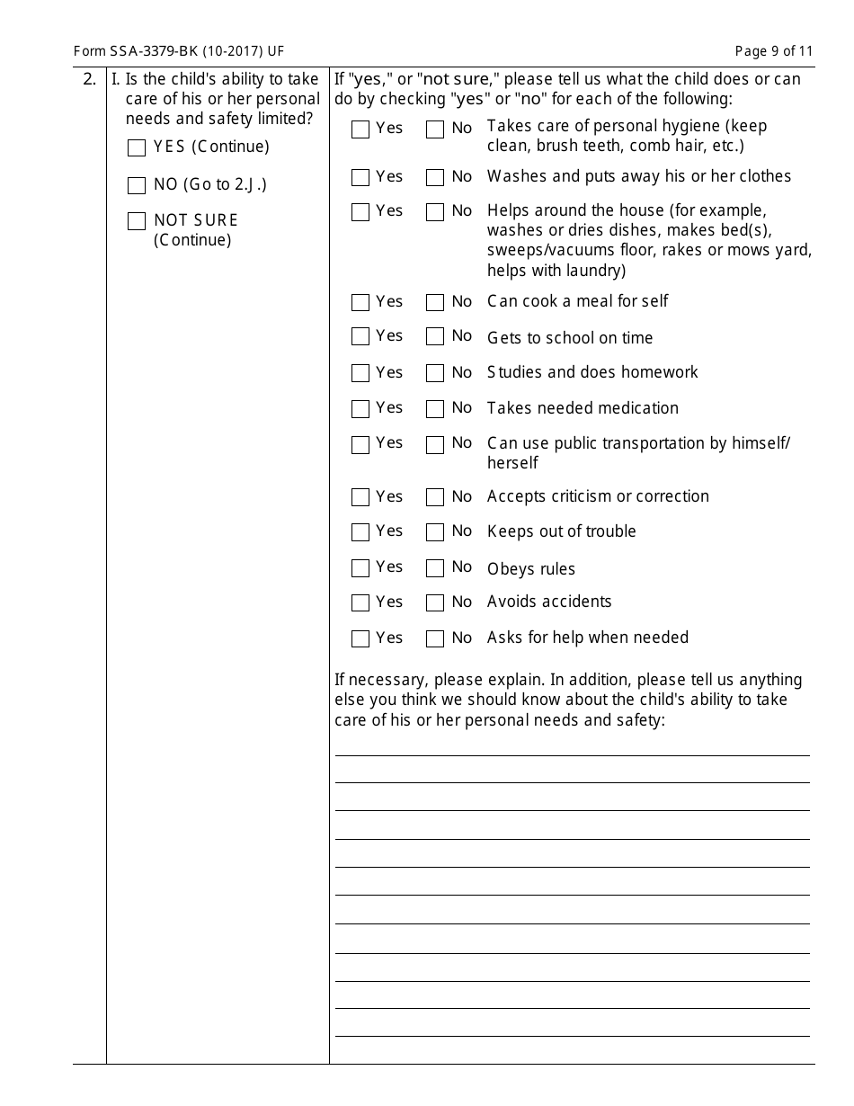 Form SSA-3379-BK Function Report - Child Age 12 to 18th Birthday, Page 9