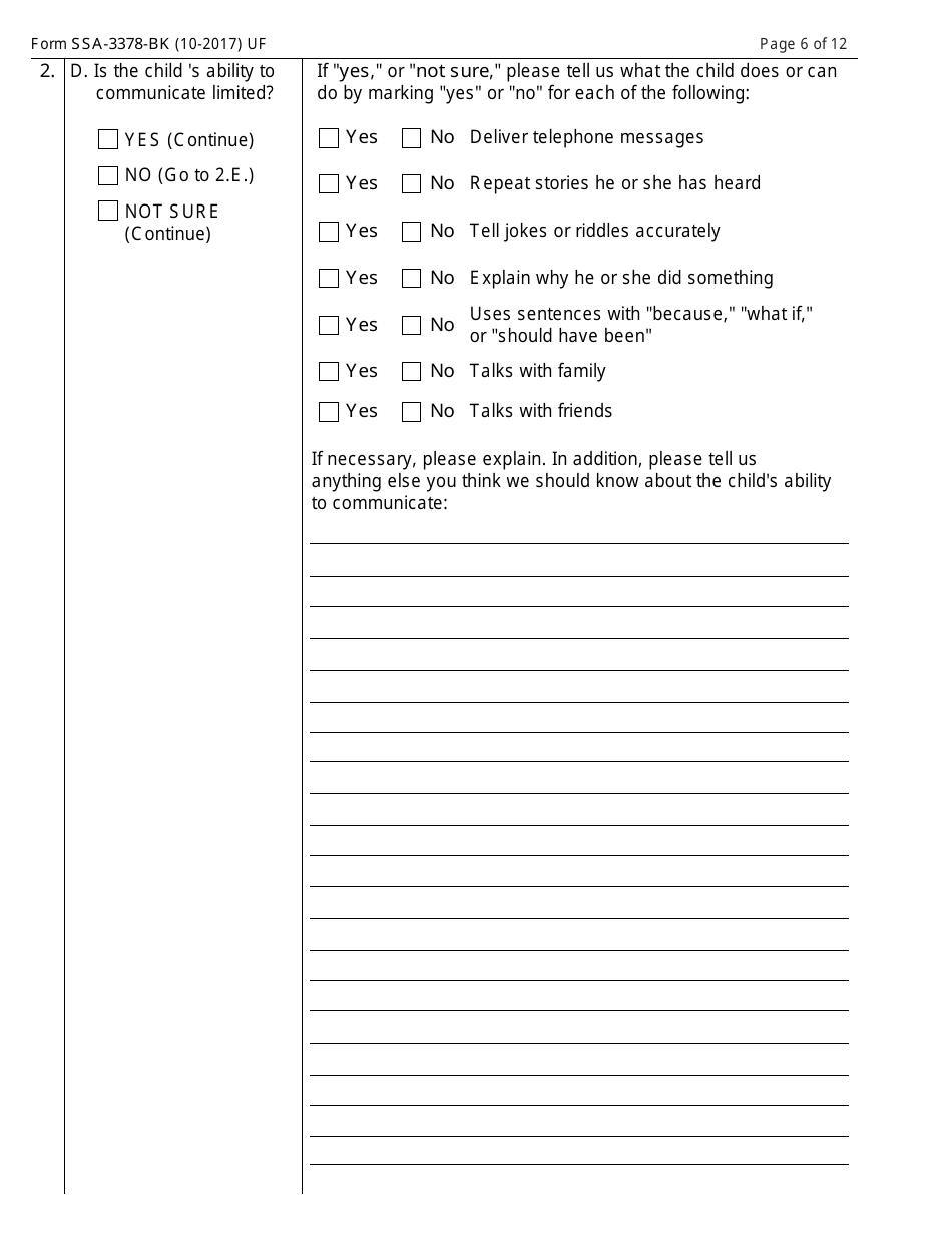 Form SSA-3378-BK Function Report - Child Age 6 to 12th Birthday, Page 6