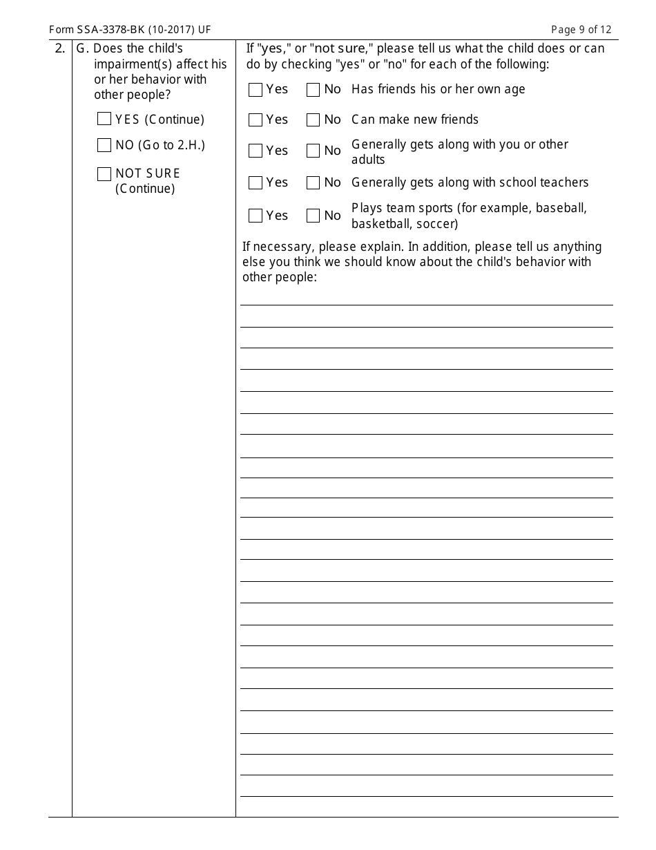 Form SSA-3378-BK Function Report - Child Age 6 to 12th Birthday, Page 9