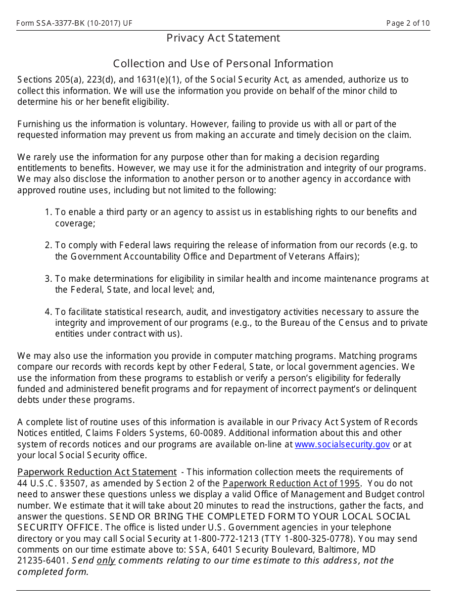 Form SSA-3377-BK Function Report - Child Age 3 to 6th Birthday, Page 2