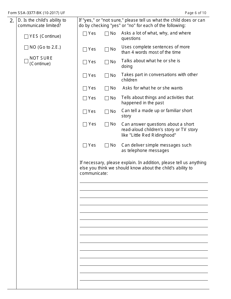 Form SSA-3377-BK Function Report - Child Age 3 to 6th Birthday, Page 6