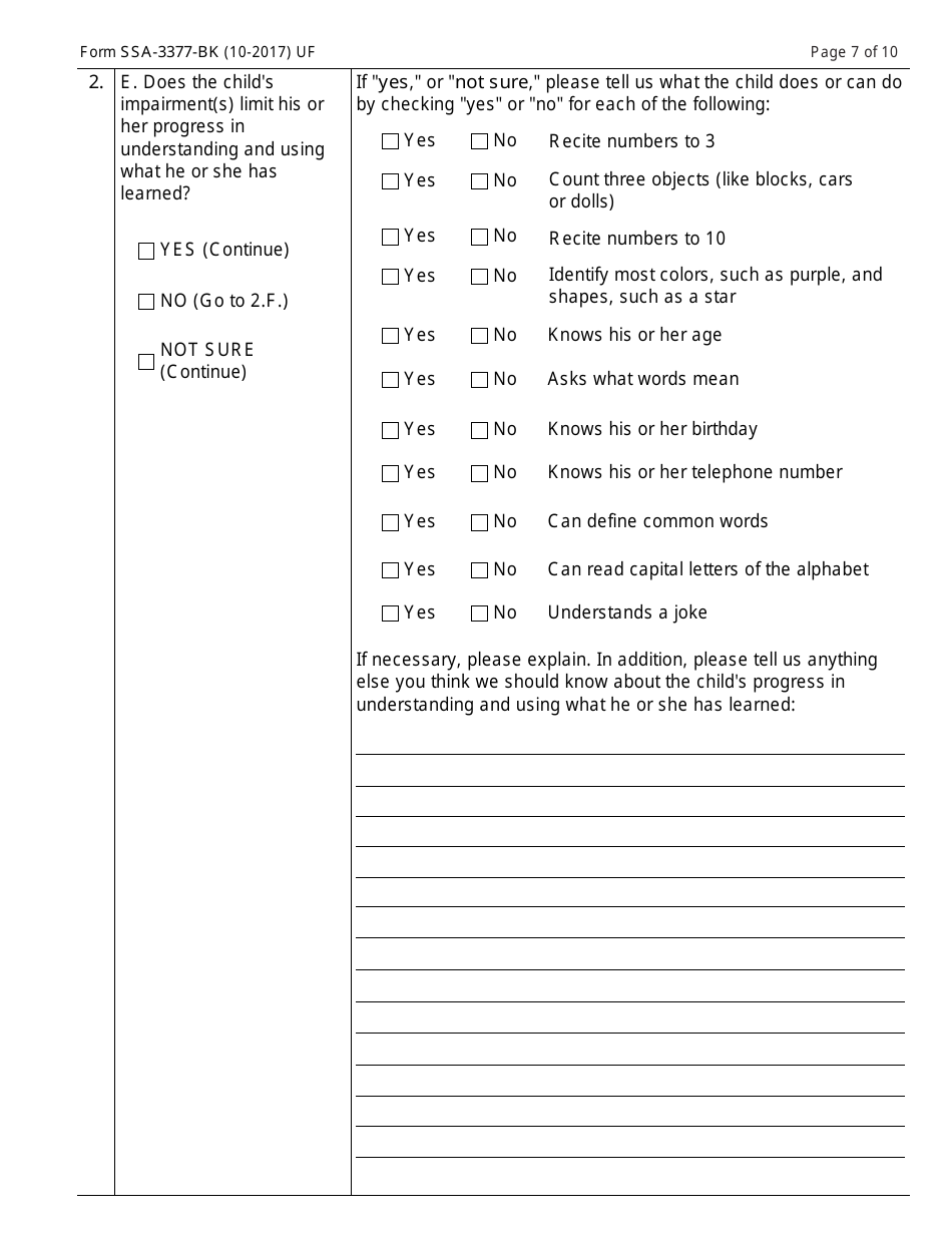 Form SSA-3377-BK Function Report - Child Age 3 to 6th Birthday, Page 7