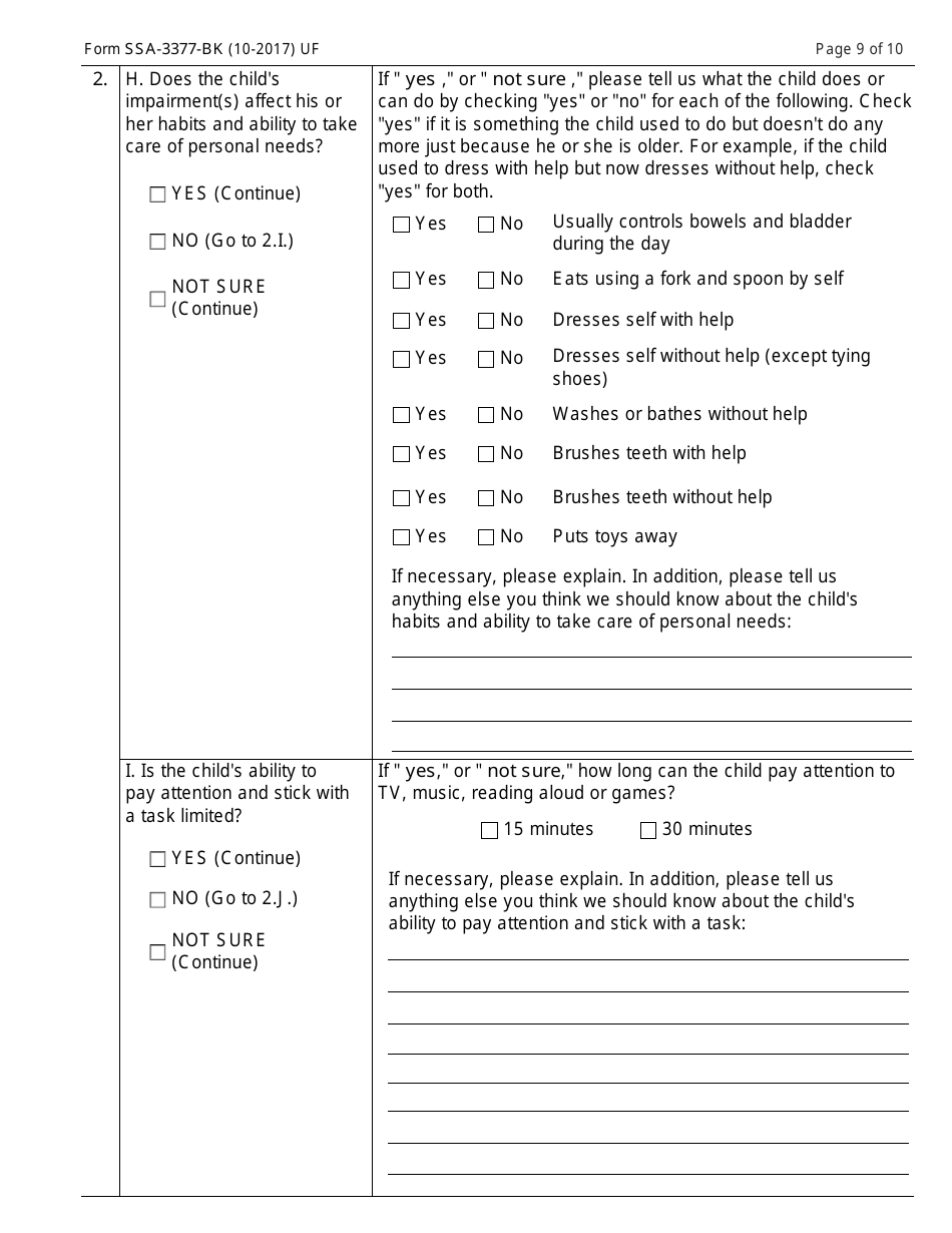 Form SSA-3377-BK Function Report - Child Age 3 to 6th Birthday, Page 9
