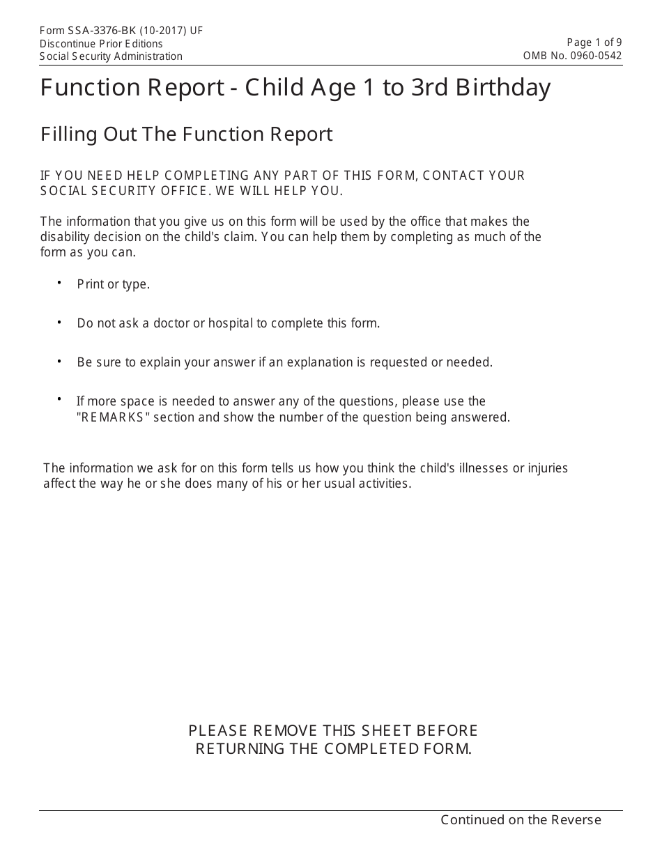Form SSA-3376-BK Function Report - Child Age 1 to 3rd Birthday, Page 1