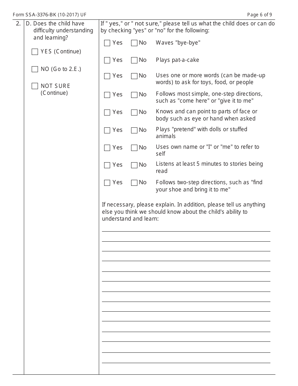 Form SSA-3376-BK Function Report - Child Age 1 to 3rd Birthday, Page 6
