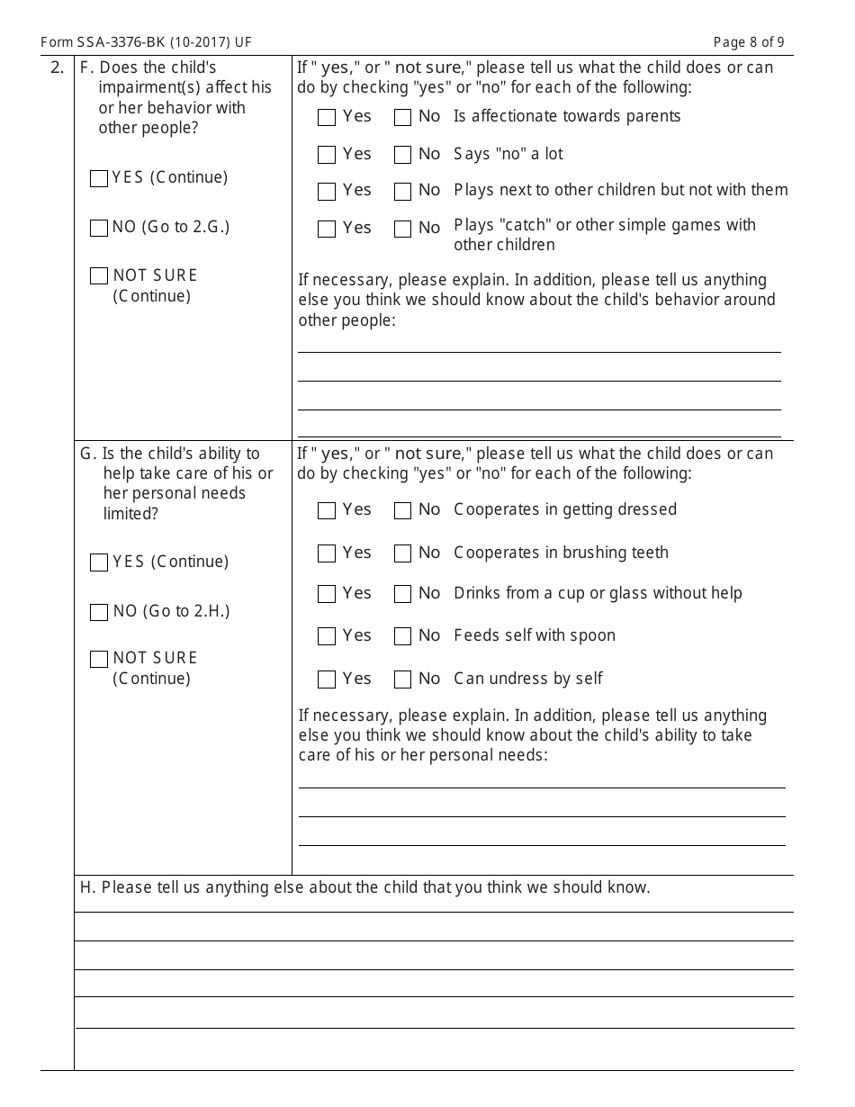 Form SSA-3376-BK Function Report - Child Age 1 to 3rd Birthday, Page 8
