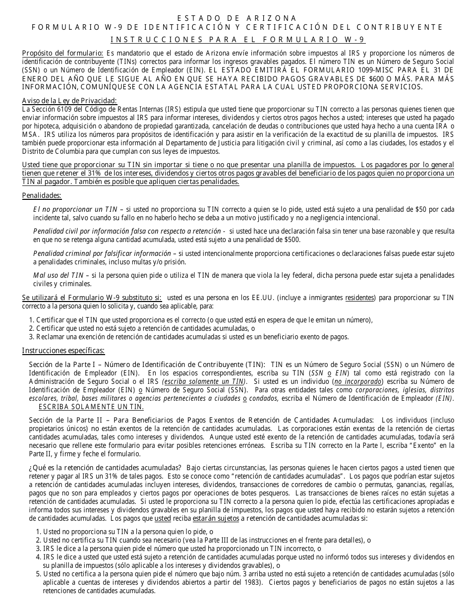 Formulario CCA-1095AFORS (W-9) Formulario W-9 Substituto Del Estado De Arizona - Solicitud De Identificacion Y Certificacion De Contribuyente - Arizona (Spanish), Page 2