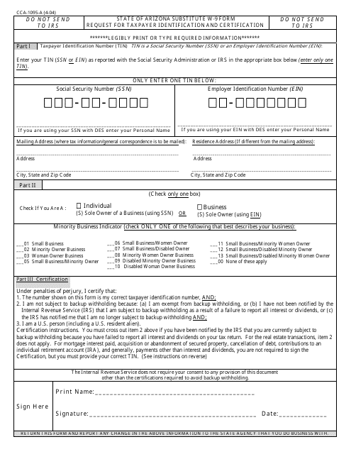 Form CCA-1095-A State of Arizona Substitute W-9 Form - Request for Taxpayer Identification and Certification - Arizona