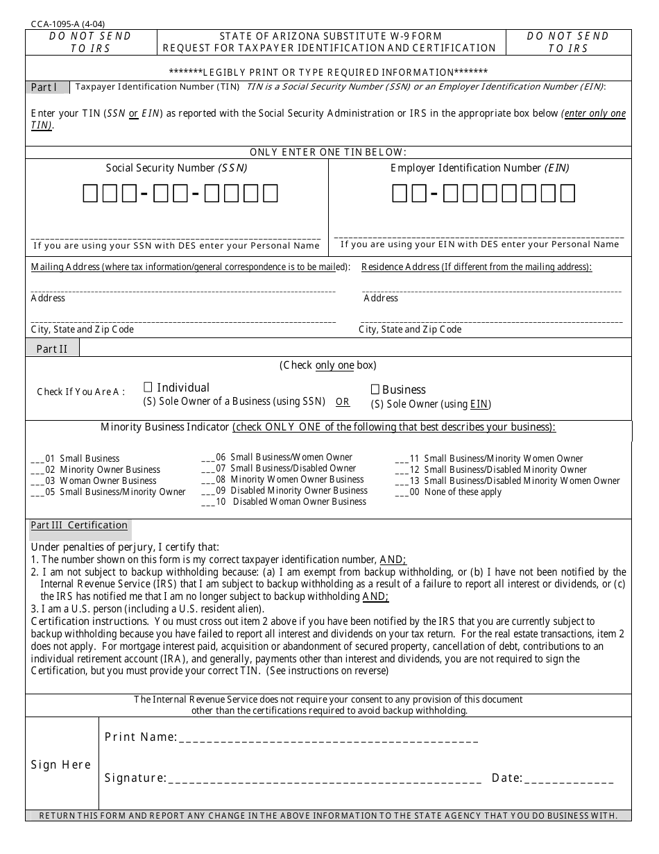 Form CCA-1095-A State of Arizona Substitute W-9 Form - Request for Taxpayer Identification and Certification - Arizona, Page 1