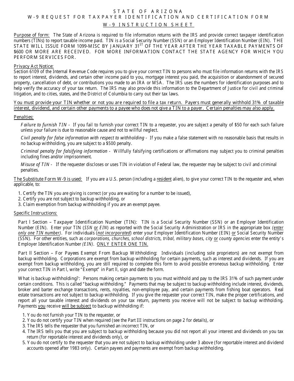 Form CCA-1095-A State of Arizona Substitute W-9 Form - Request for Taxpayer Identification and Certification - Arizona, Page 2