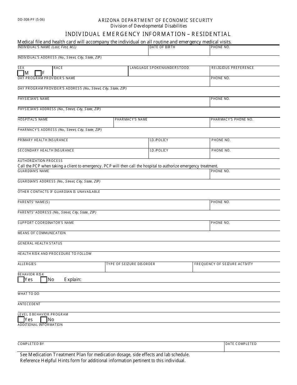 Form DD-308-PF Individual Emergency Information - Residential - Arizona, Page 1