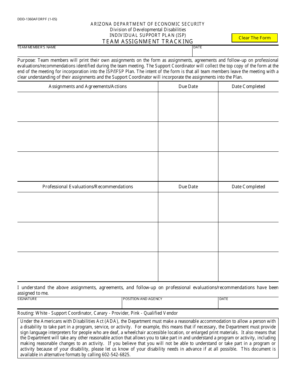 Form DDD-1360AFORPF Team Assignment Tracking - Arizona, Page 1